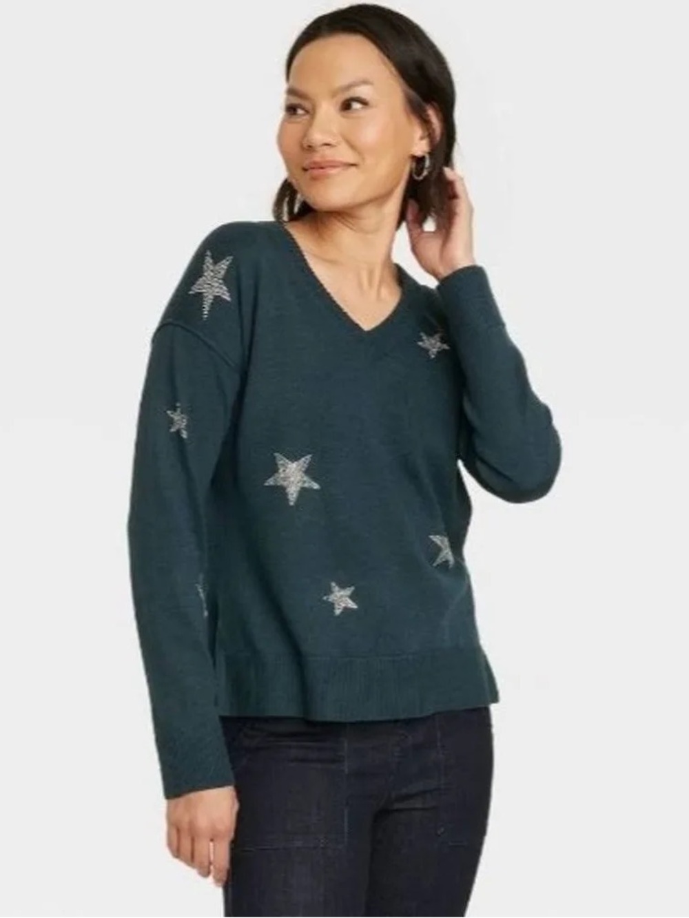 Knox Rose Navy V-Neck Sweater with Rhinestone Star Details
